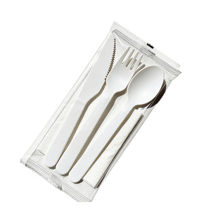 Biodegradable knife, fork and spoon set.